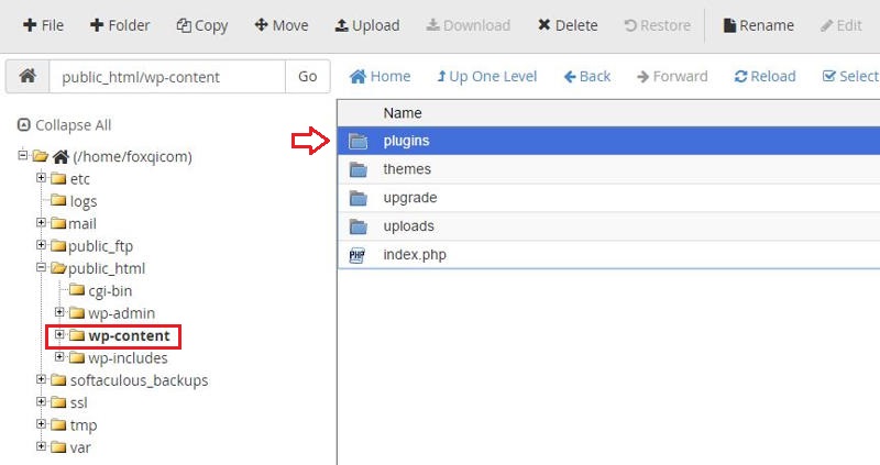 Navigating to plugins directory in File Manager