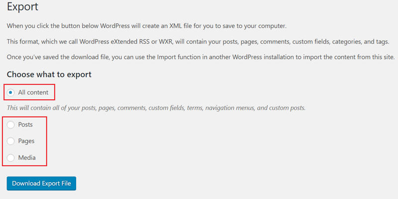 WordPress dashboard Export page