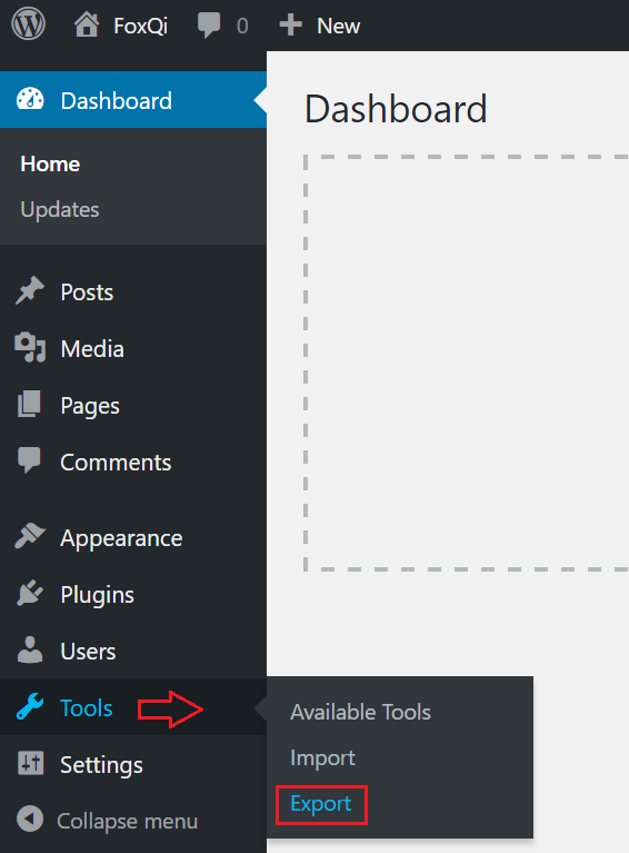 Navigating to the export page in the WordPress dashboard
