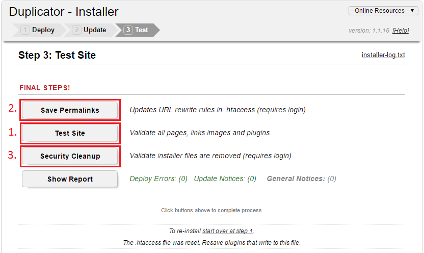 Duplicator installer interface completion page