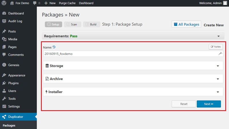 Highlighting Duplicator package creation settings