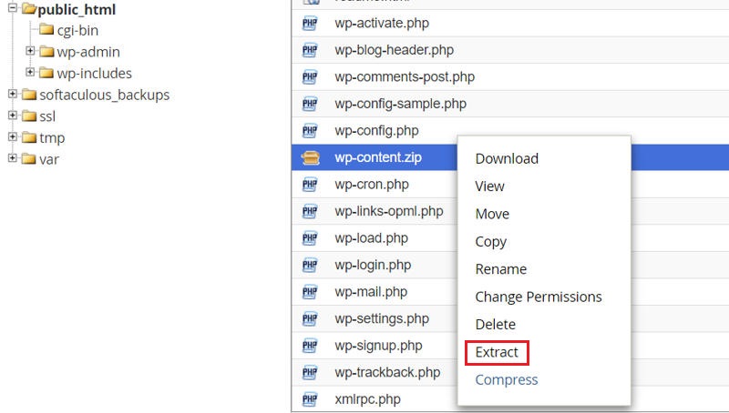 Extracting the wp-content.zip file