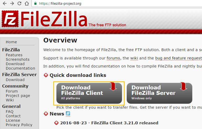FileZilla project website homepage