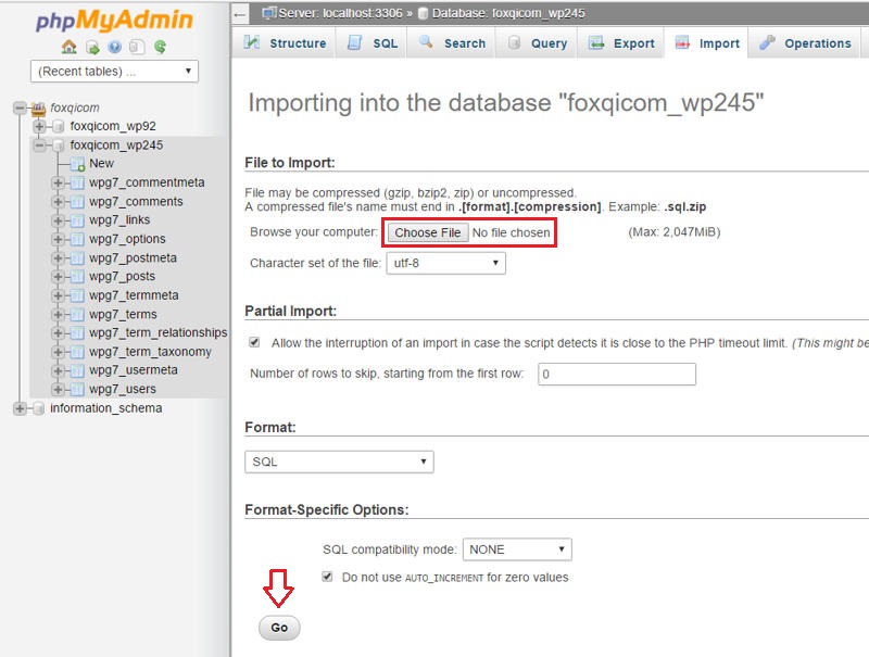 phpMyAdmin SQL file import page