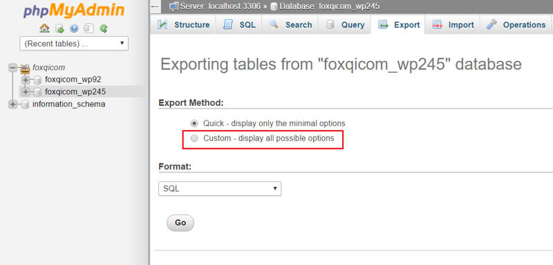 phpMyAdmin export page