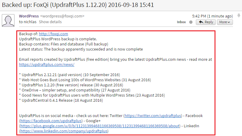 UpdraftPlus email report