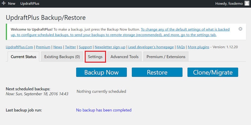 UpdraftPlus' backup/restore scheduling page