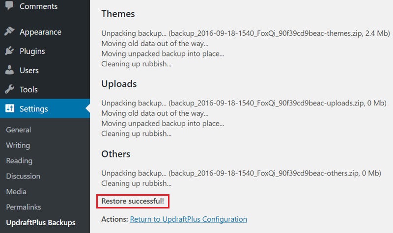 Screen log showing UpdraftPlus successfully restored files