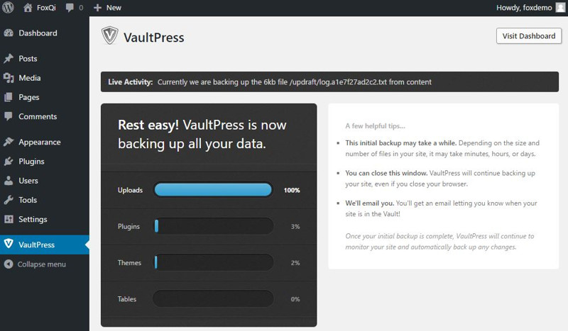 VaultPress showing live progress of first backup