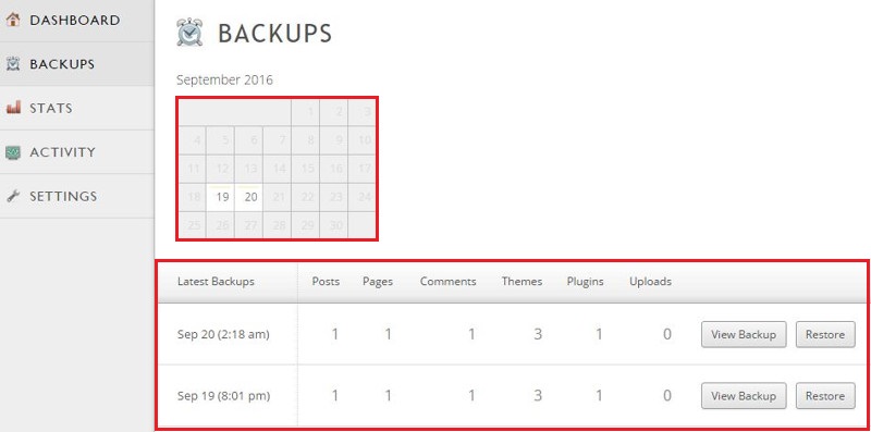 VaultPress calendar and list of available backups