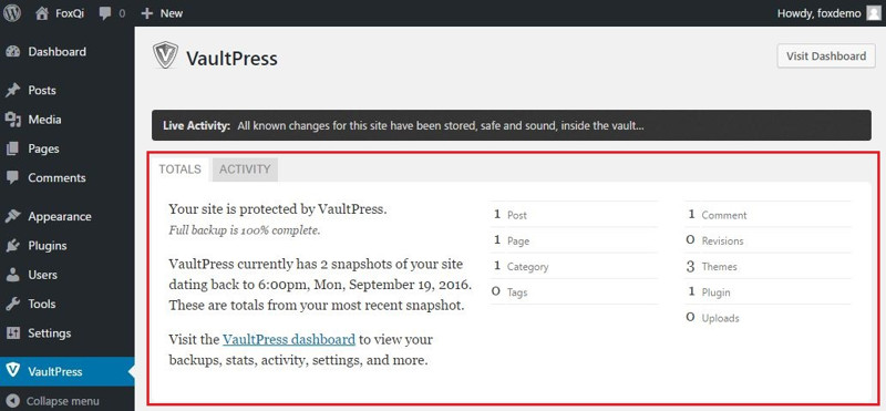 VaultPress overview dashboard