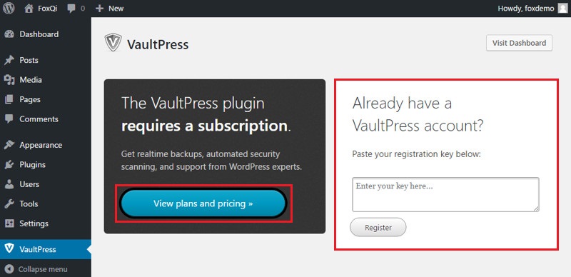 Viewing the VaultPress plugins page