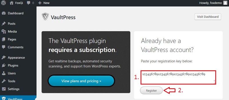 Entering registration key on VaultPress plugin page