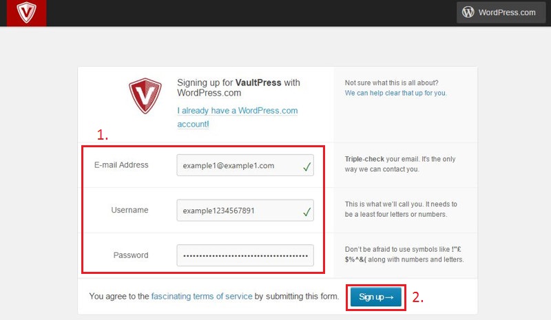 Signing up for a new account on VaultPress signup page