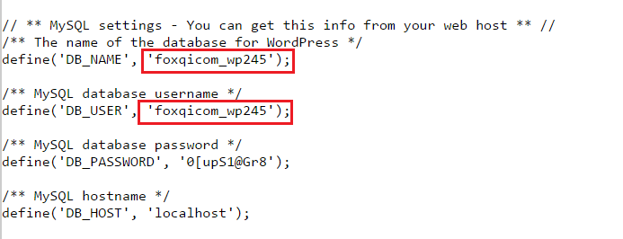 Gathering the database name and username from the wp-config.php file