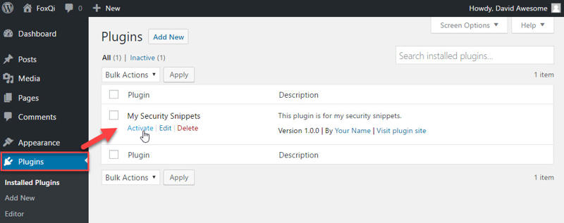 Activating security snippets plugin