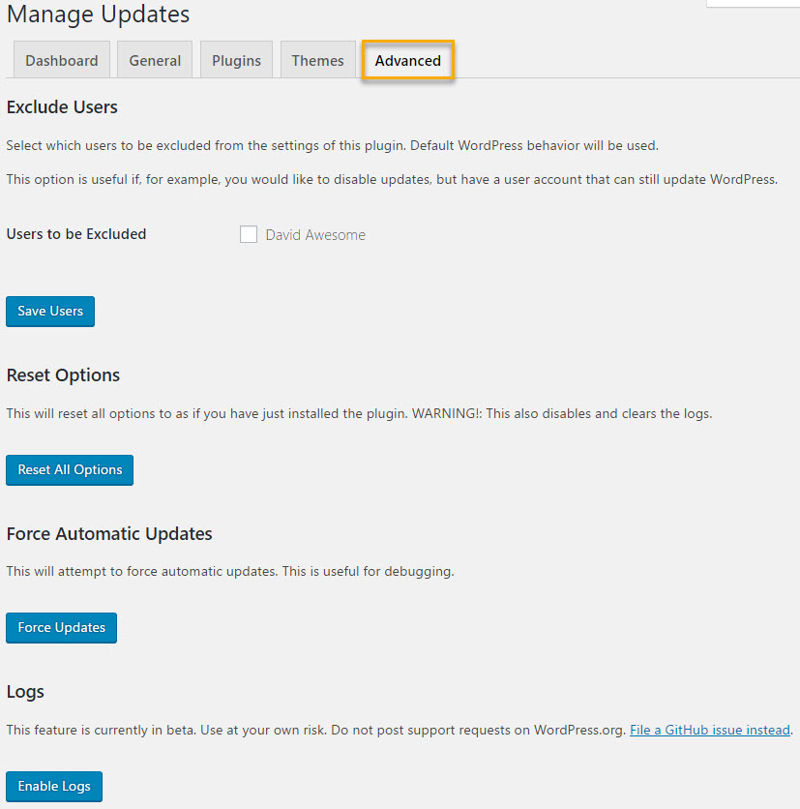 Easy Update Manager's advanced page options