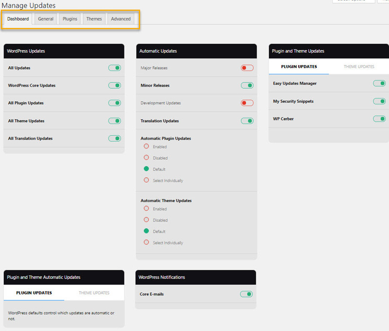 Easy Update Manager's dashboard page