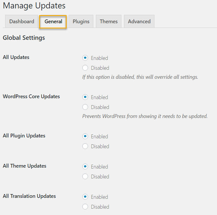 Easy Update Manager's general settings page