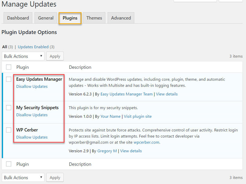 Easy Update Manager's plugins tab settings