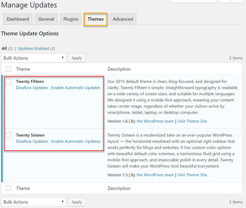 Easy Update Manager's themes settings page