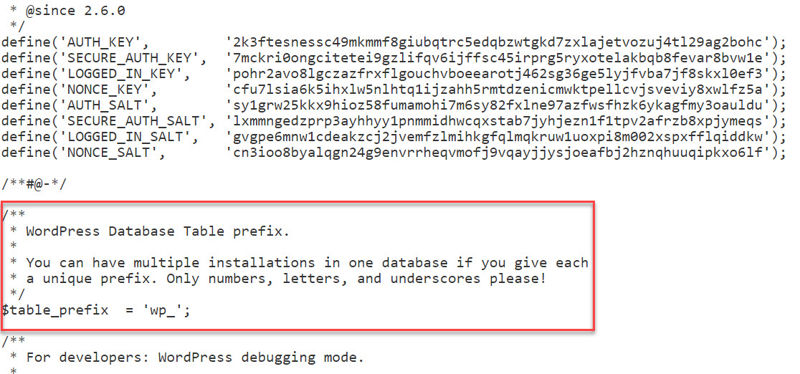 Highlighting WordPress database table prefix section