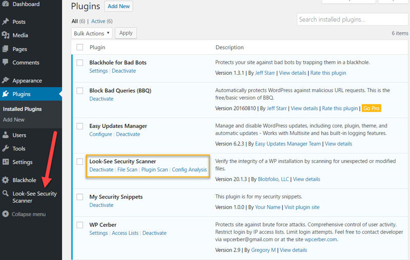 Highlighting the Look-See Security Scanner plugin's menu item