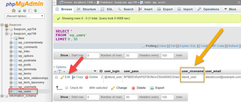 List of users in phpMyAdmin table row