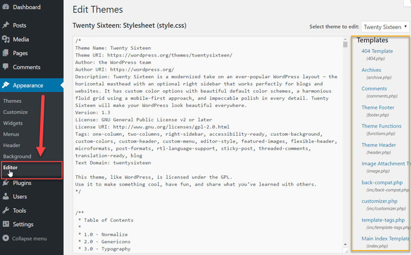 WordPress theme editor page