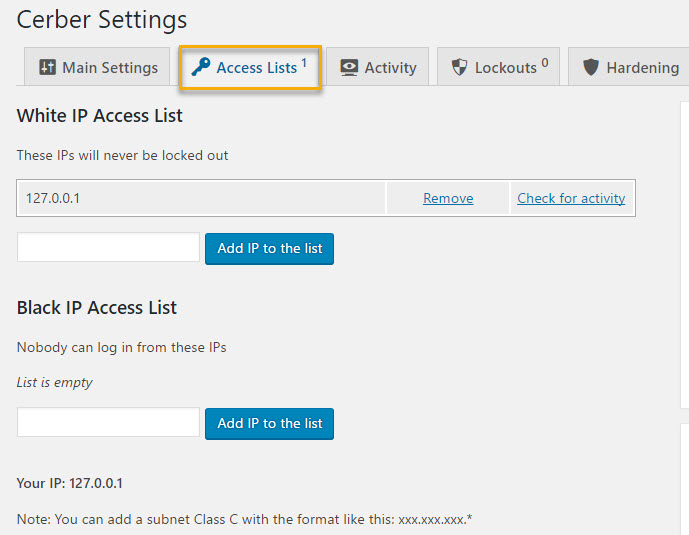 WP-Cerber access lists tab settings