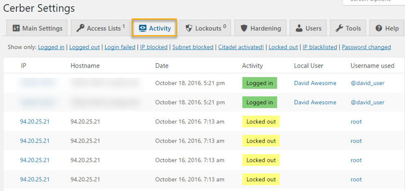 WP-Cerber activity tab log