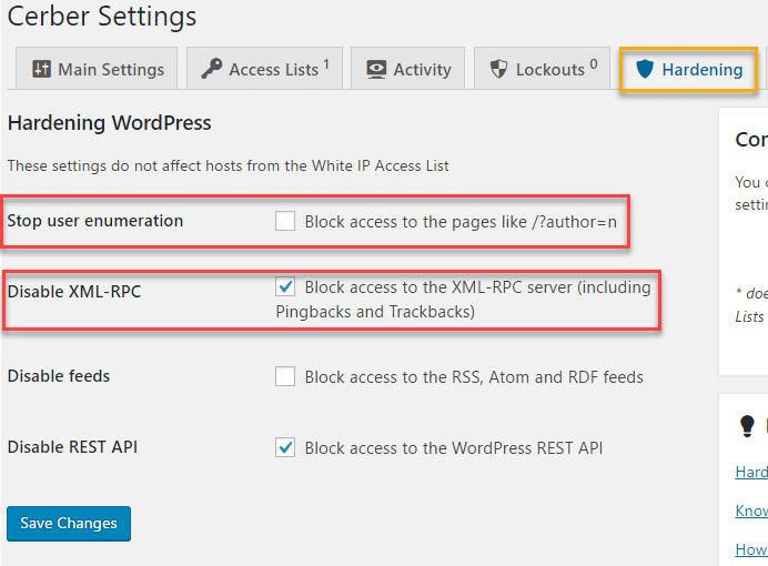 WP-Cerber Hardening tab settings