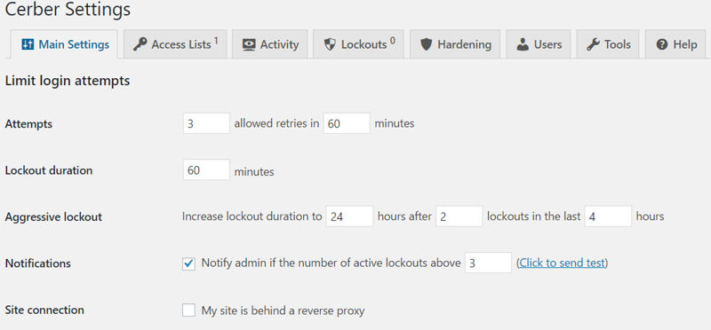 WP-Cerber limit login attempts settings