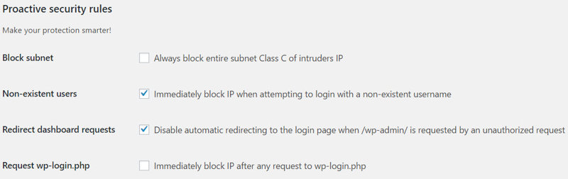 WP-Cerber Proactive security rules settings
