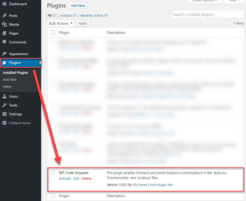Activating the WP Code Snippets plugin