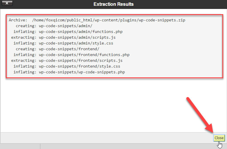 Extraction results modal window
