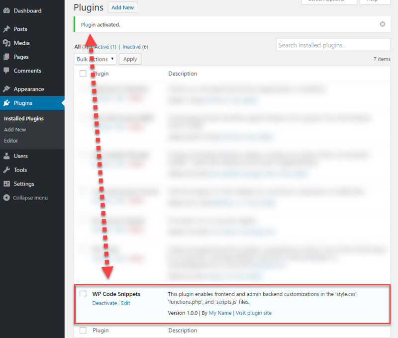 WP Code Snippets plugin successfully activated