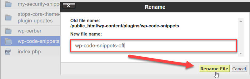 Renaming the WP Code Snippets plugin in modal window